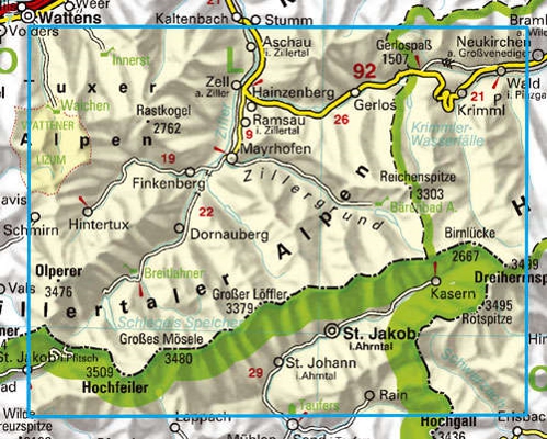 Mayrhofen, Alpy Zillertalskie (Zillertaler Alpen). Mapa turystyczna 1: